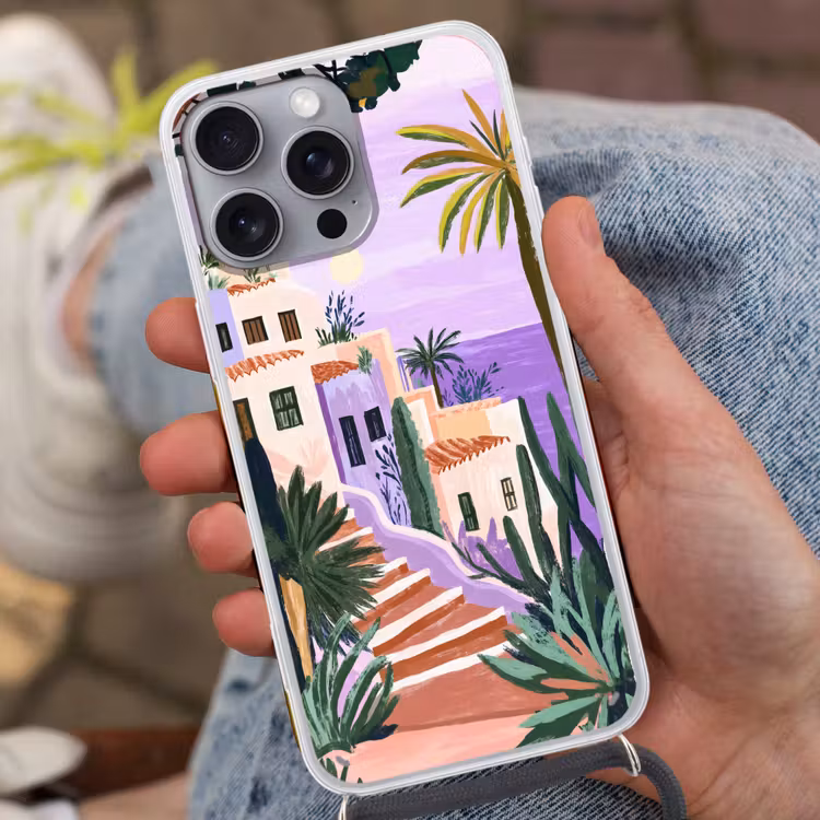 Huizen - Minimalistisch - Palmbomen - Kust Hoesje iPhone 16 Pro Max met koord klein -sfeer3