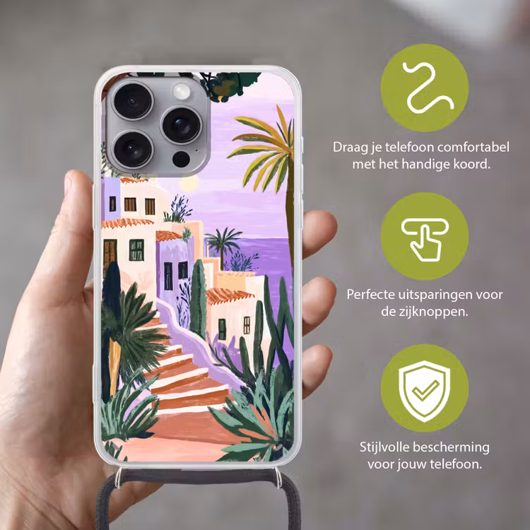 Huizen - Minimalistisch - Palmbomen - Kust Hoesje iPhone 16 Pro Max met koord klein -sfeer2_NL