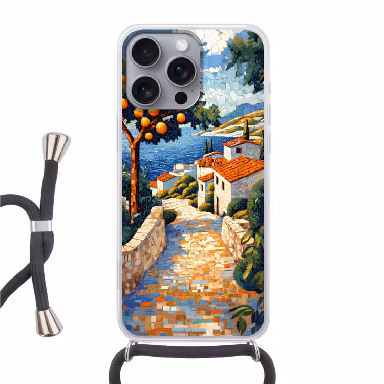 Huizen - Mozaïek - Sinaasappelbomen - Zee Hoesje iPhone 16 Pro Max met koord klein -3d