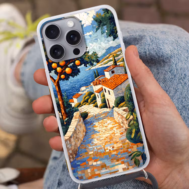Huizen - Mozaïek - Sinaasappelbomen - Zee Hoesje iPhone 16 Pro Max met koord klein -sfeer3