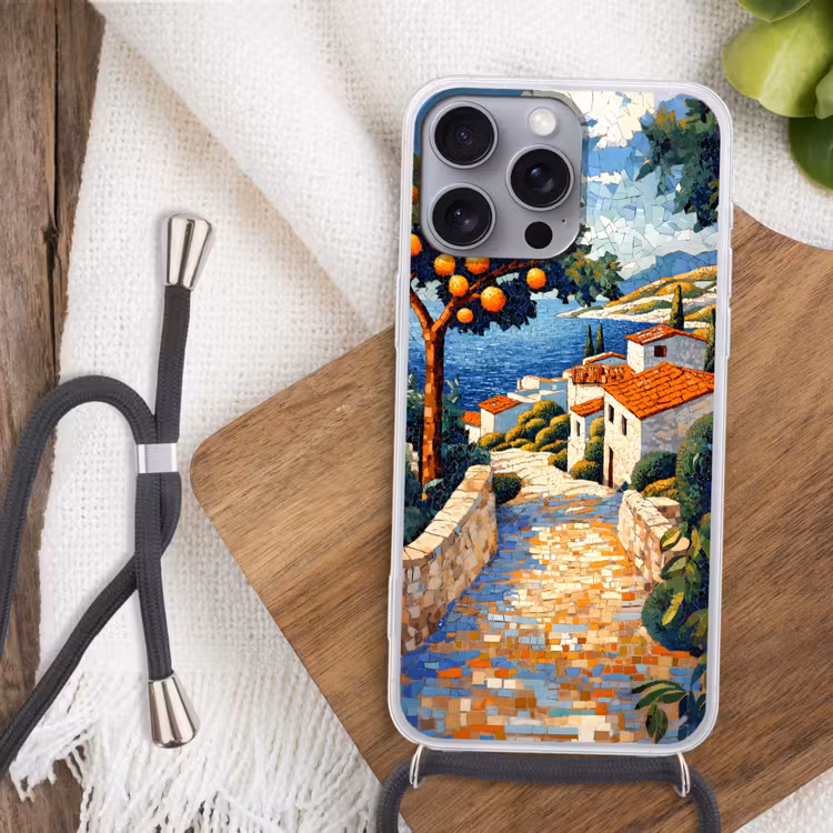 Huizen - Mozaïek - Sinaasappelbomen - Zee Hoesje iPhone 16 Pro Max met koord klein -sfeer4