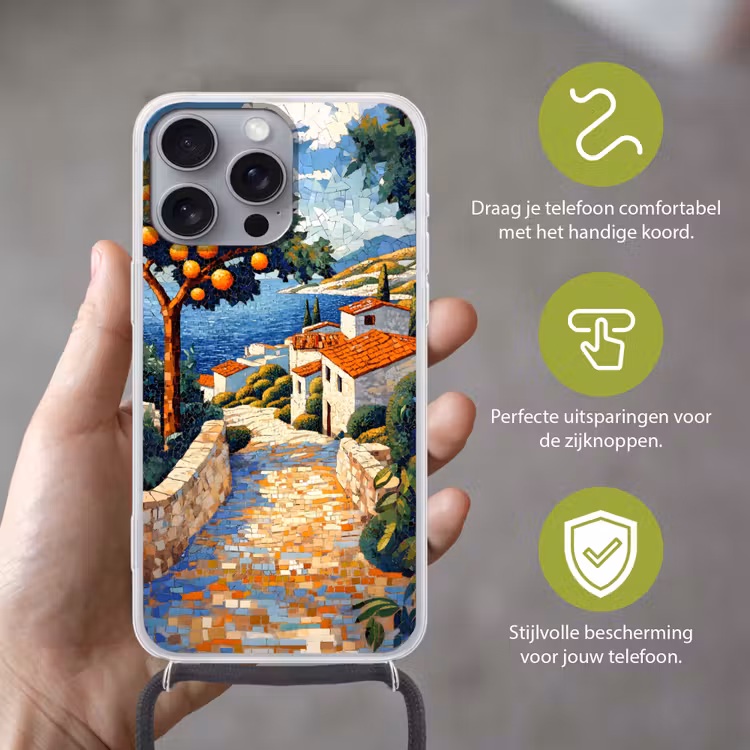 Huizen - Mozaïek - Sinaasappelbomen - Zee Hoesje iPhone 16 Pro Max met koord klein -sfeer2_NL