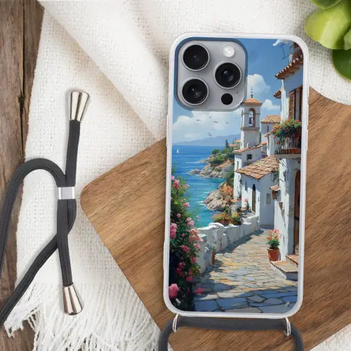 Huizen - Zee - Bomen - Bloemen Hoesje iPhone 16 Pro Max met koord klein -sfeer4