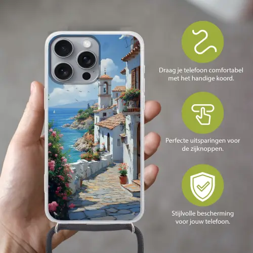 Huizen - Zee - Bomen - Bloemen Hoesje iPhone 16 Pro Max met koord klein -sfeer2_NL