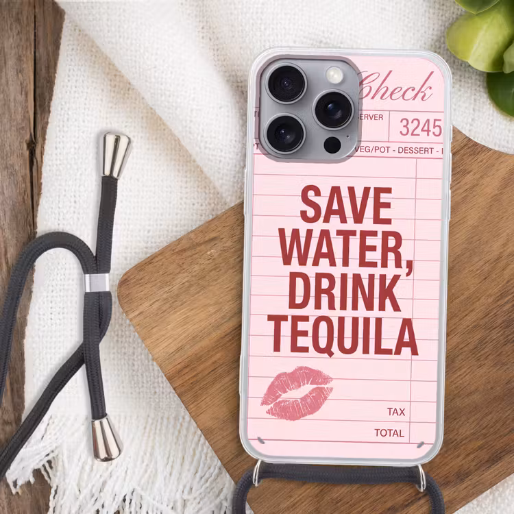 Humor - Drank - Tekst - Roze Hoesje iPhone 16 Pro Max met koord klein -sfeer4