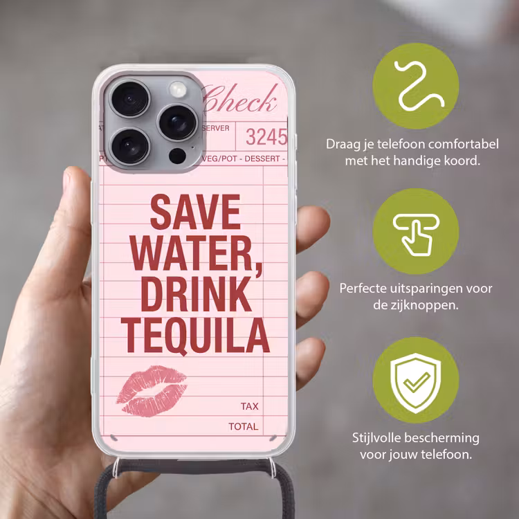Humor - Drank - Tekst - Roze Hoesje iPhone 16 Pro Max met koord klein -sfeer2_NL