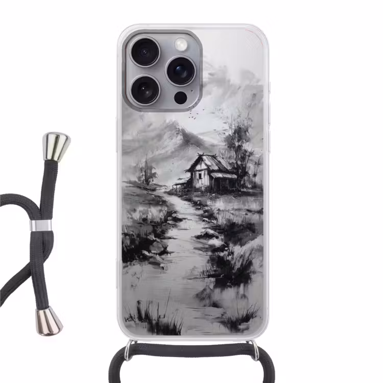 Hut - Grijs - Bergen - Mistig Hoesje iPhone 16 Pro Max met koord klein -3d