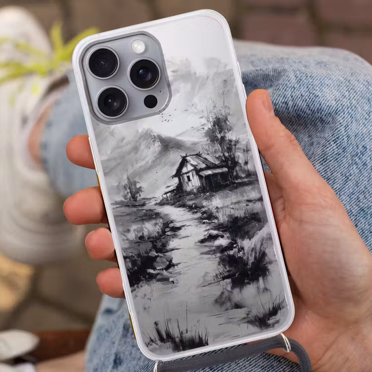 Hut - Grijs - Bergen - Mistig Hoesje iPhone 16 Pro Max met koord klein -sfeer3