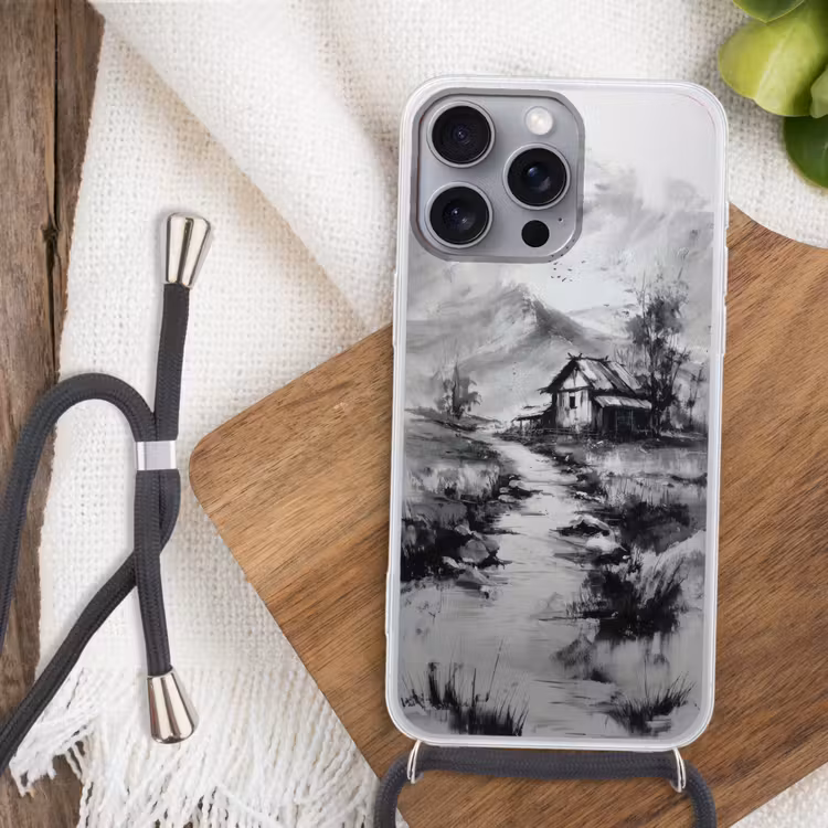 Hut - Grijs - Bergen - Mistig Hoesje iPhone 16 Pro Max met koord klein -sfeer4