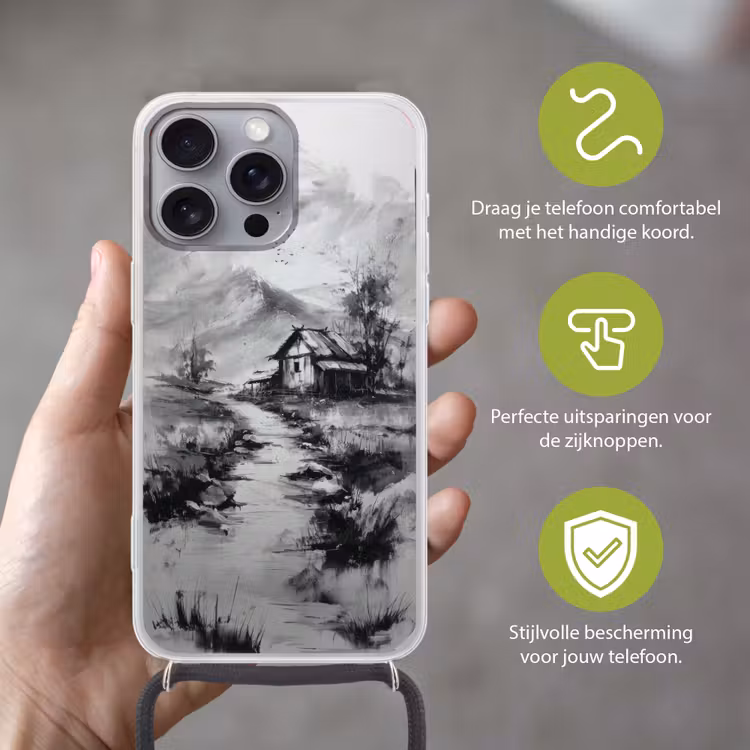 Hut - Grijs - Bergen - Mistig Hoesje iPhone 16 Pro Max met koord klein -sfeer2_NL