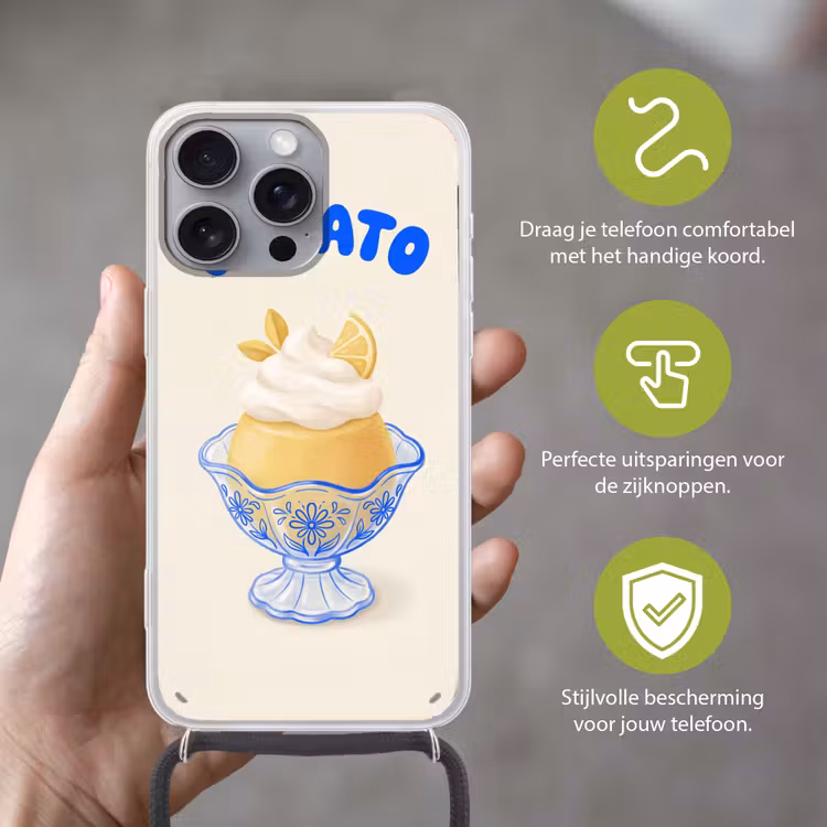 IJs - Citroen - Illustratie - Geel - Dessert Hoesje iPhone 16 Pro Max met koord klein -sfeer2_NL