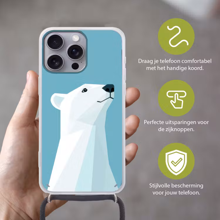 Ijsbeer - Lichtblauw - Minimalistisch Hoesje iPhone 16 Pro Max met koord klein -sfeer2_NL
