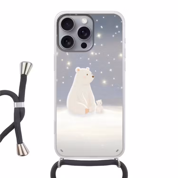 Ijsbeer - Sneeuw - Sterren - Blauw Hoesje iPhone 16 Pro Max met koord klein -3d