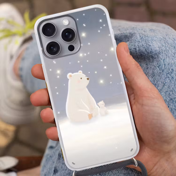 Ijsbeer - Sneeuw - Sterren - Blauw Hoesje iPhone 16 Pro Max met koord klein -sfeer3