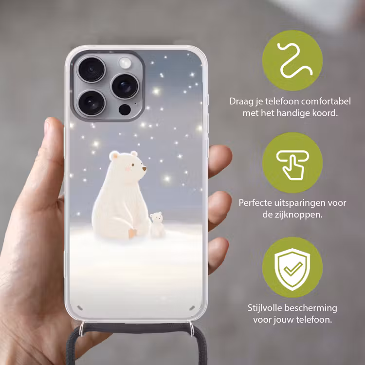 Ijsbeer - Sneeuw - Sterren - Blauw Hoesje iPhone 16 Pro Max met koord klein -sfeer2_NL