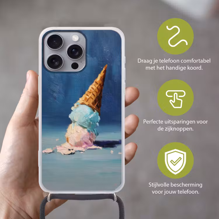 Ijshoorn - Bolletjes - Smelt - Roze Hoesje iPhone 16 Pro Max met koord klein -sfeer2_NL