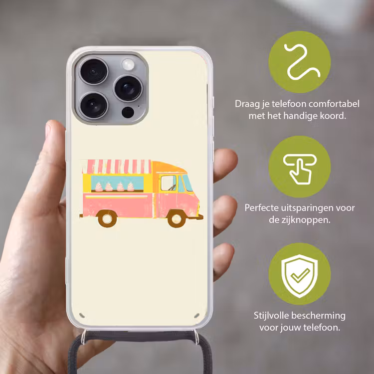 Ijskar - Retro - Softijsjes - Roze Hoesje iPhone 16 Pro Max met koord klein -sfeer2_NL