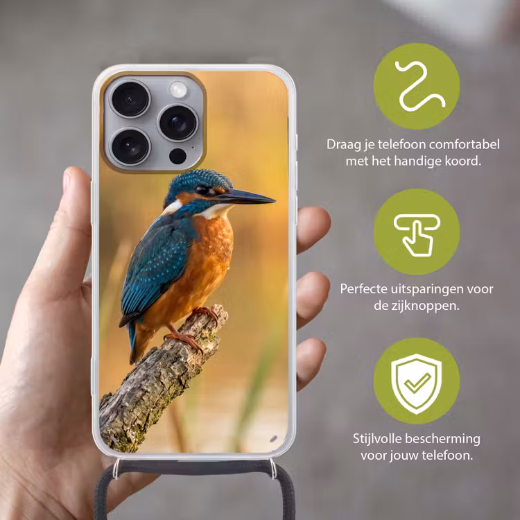 IJsvogel - Tak - Water - Kleurrijk - Levendig Hoesje iPhone 16 Pro Max met koord klein -sfeer2_NL