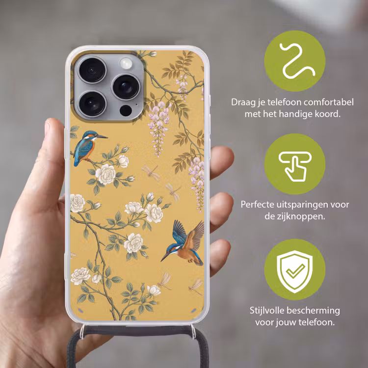 IJsvogels - Bloesem - Geel Hoesje iPhone 16 Pro Max met koord klein -sfeer2_NL