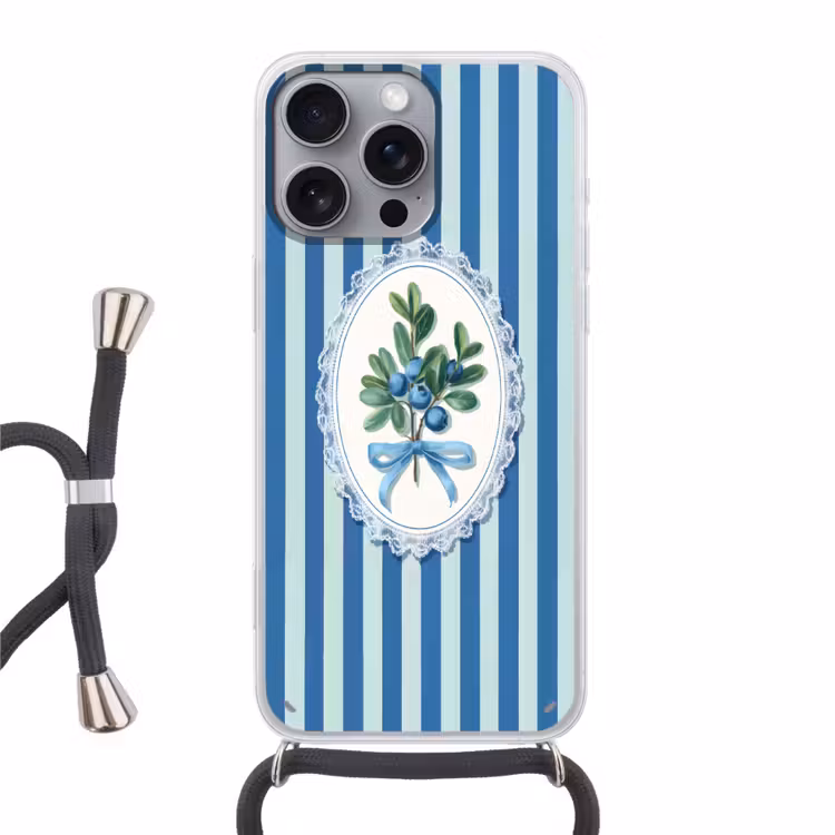 Illustratie - Bessen - Blauw - Strepen Hoesje iPhone 16 Pro Max met koord klein -3d