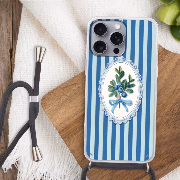Illustratie - Bessen - Blauw - Strepen Hoesje iPhone 16 Pro Max met koord klein -sfeer4