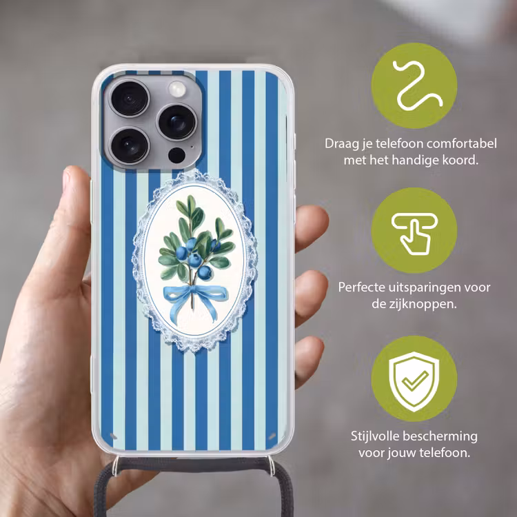 Illustratie - Bessen - Blauw - Strepen Hoesje iPhone 16 Pro Max met koord klein -sfeer2_NL