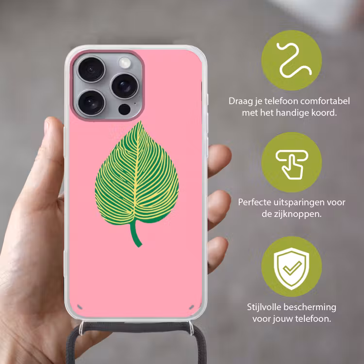 Illustratie - Blad - Minimalistisch - Groen Hoesje iPhone 16 Pro Max met koord klein -sfeer2_NL