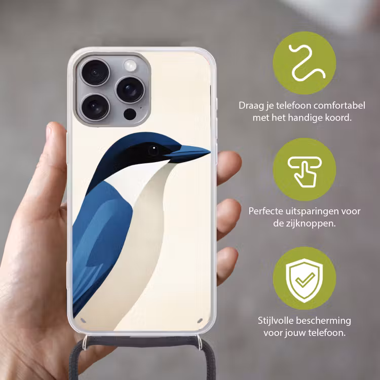 Illustratie - Blauw - Vogel Hoesje iPhone 16 Pro Max met koord klein -sfeer2_NL