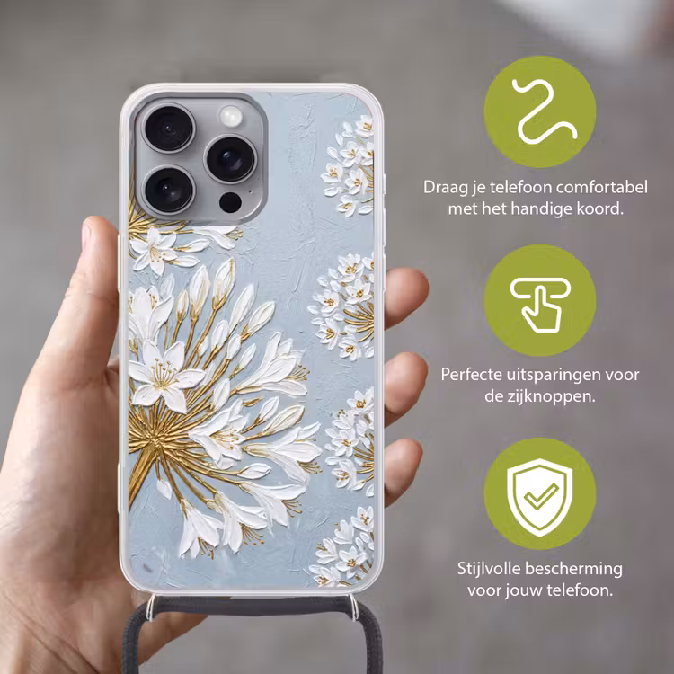 Illustratie - Bloemen - Blauw Hoesje iPhone 16 Pro Max met koord klein -sfeer2_NL