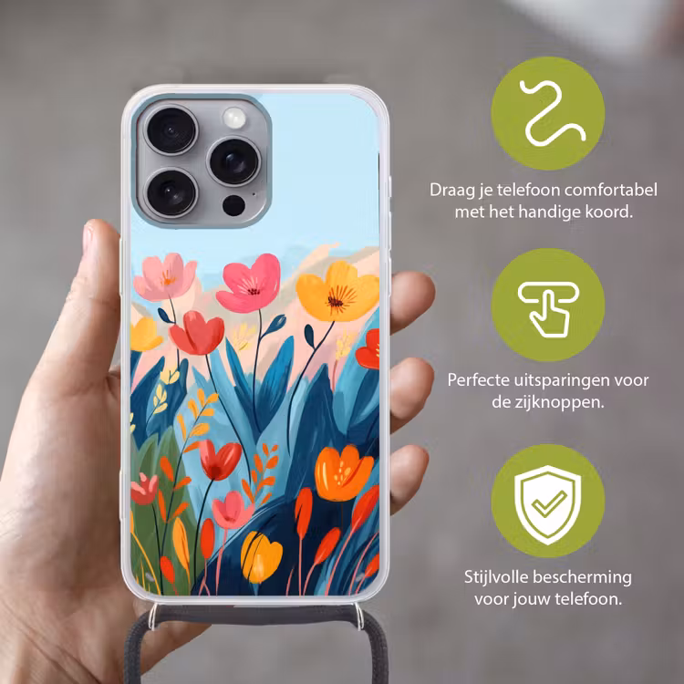 Illustratie - Bloemen - Kleurrijk Hoesje iPhone 16 Pro Max met koord klein -sfeer2_NL