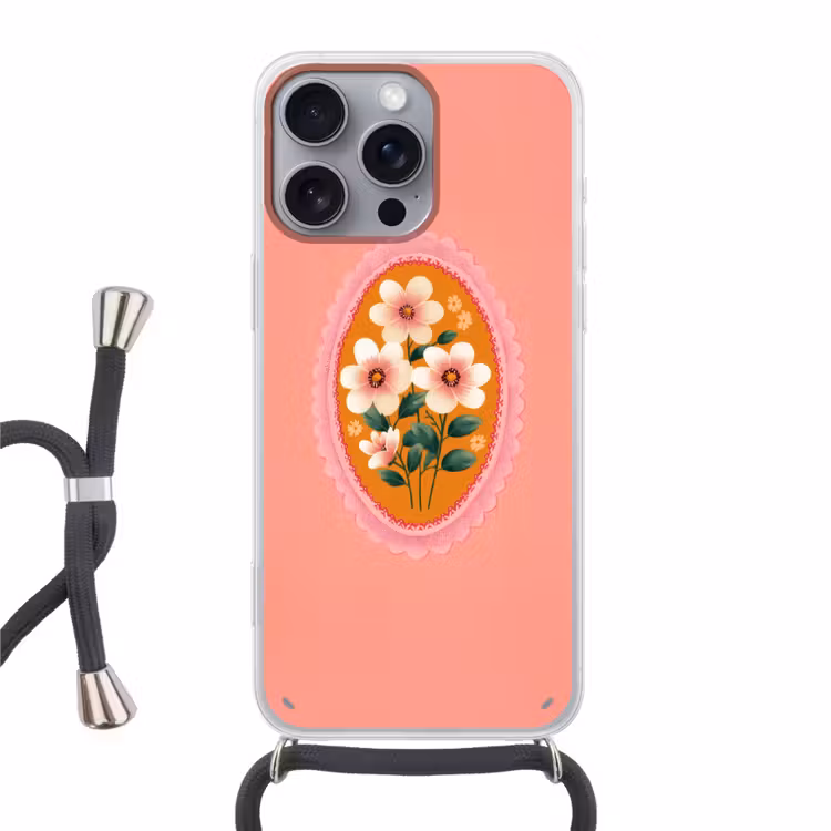 Illustratie - Bloemen - Rand - Roze Hoesje iPhone 16 Pro Max met koord klein -3d