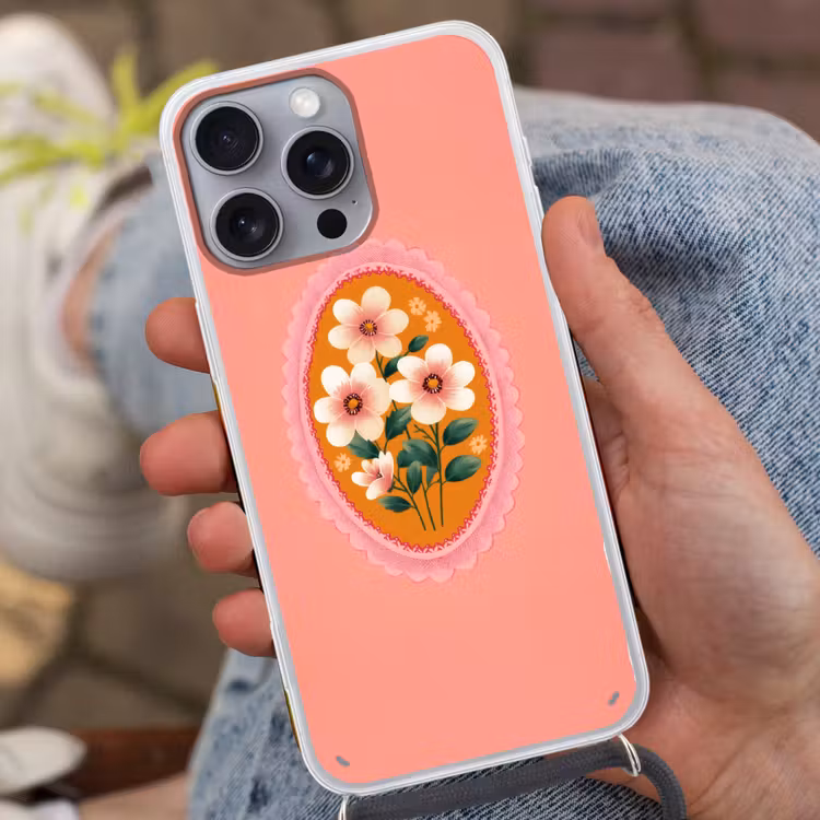 Illustratie - Bloemen - Rand - Roze Hoesje iPhone 16 Pro Max met koord klein -sfeer3
