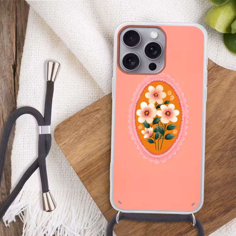 Illustratie - Bloemen - Rand - Roze Hoesje iPhone 16 Pro Max met koord klein -sfeer4