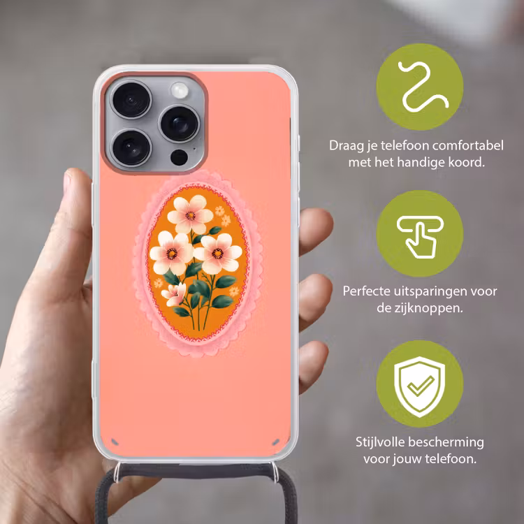 Illustratie - Bloemen - Rand - Roze Hoesje iPhone 16 Pro Max met koord klein -sfeer2_NL