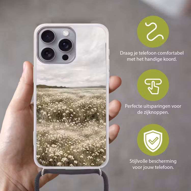 Illustratie - Landschap - Wit Hoesje iPhone 16 Pro Max met koord klein -sfeer2_NL