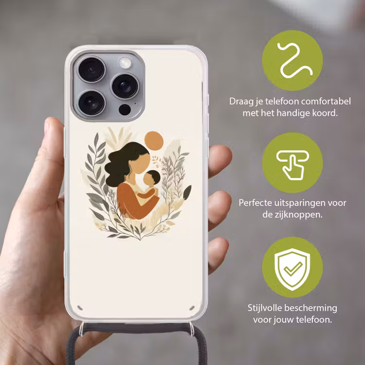 Illustratie - Moeder - Kind - Liefdevol Hoesje iPhone 16 Pro Max met koord klein -sfeer2_NL