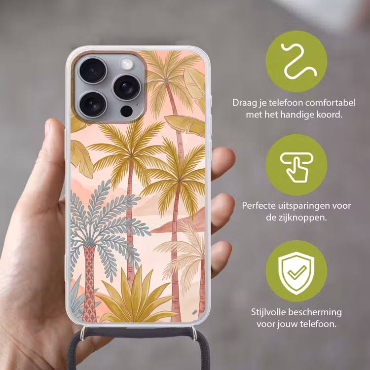 Illustratie - Palmbomen - Kleurrijk Hoesje iPhone 16 Pro Max met koord klein -sfeer2_NL
