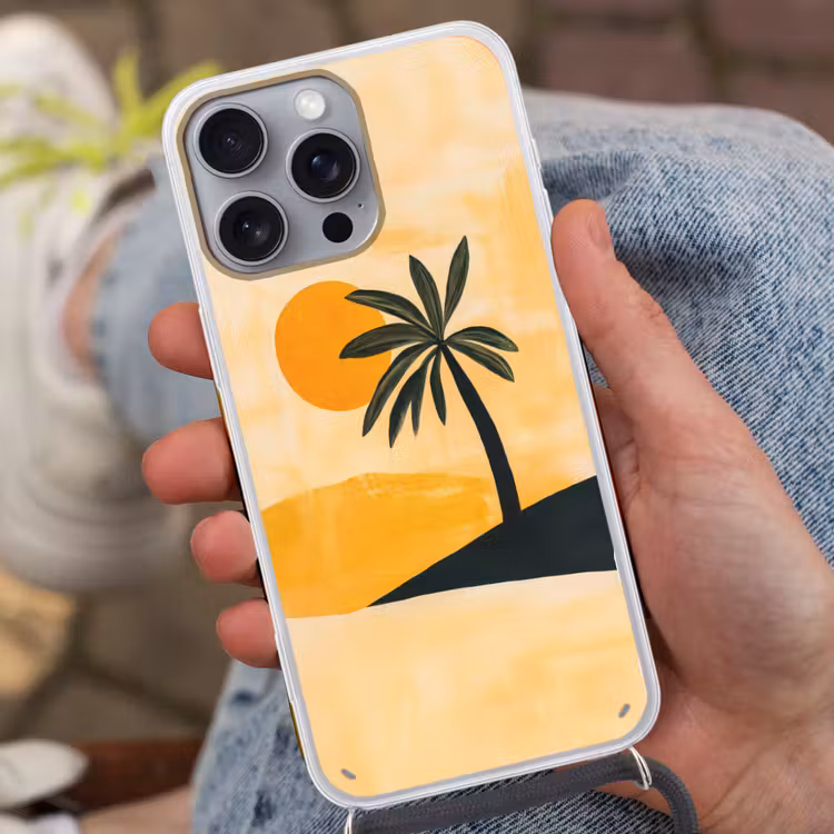 Illustratie - Palmboom - Zon - Heuvels Hoesje iPhone 16 Pro Max met koord klein -sfeer3