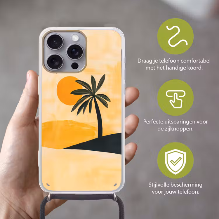 Illustratie - Palmboom - Zon - Heuvels Hoesje iPhone 16 Pro Max met koord klein -sfeer2_NL