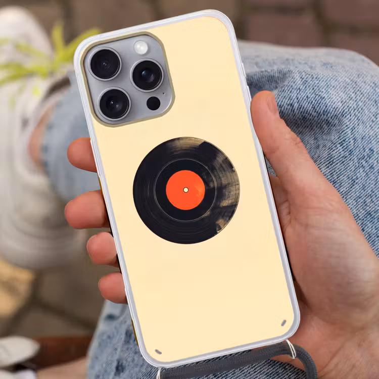 Illustratie - Vinylplaat - Beige - Vintage Hoesje iPhone 16 Pro Max met koord klein -sfeer3
