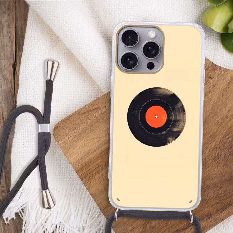 Illustratie - Vinylplaat - Beige - Vintage Hoesje iPhone 16 Pro Max met koord klein -sfeer4