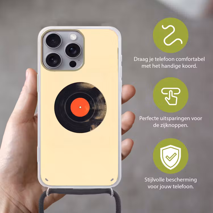 Illustratie - Vinylplaat - Beige - Vintage Hoesje iPhone 16 Pro Max met koord klein -sfeer2_NL