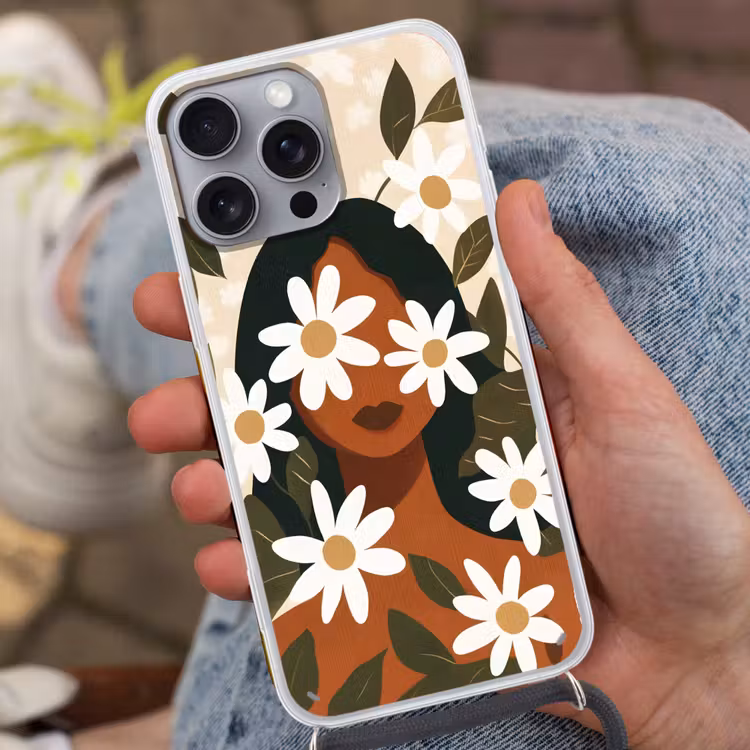 Illustratie - Vrouw - Madeliefjes - Wit Hoesje iPhone 16 Pro Max met koord klein -sfeer3