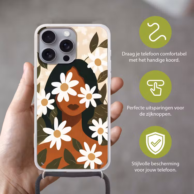 Illustratie - Vrouw - Madeliefjes - Wit Hoesje iPhone 16 Pro Max met koord klein -sfeer2_NL