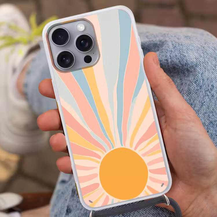 Illustratie - Zon - Pastelkleuren Hoesje iPhone 16 Pro Max met koord klein -sfeer3