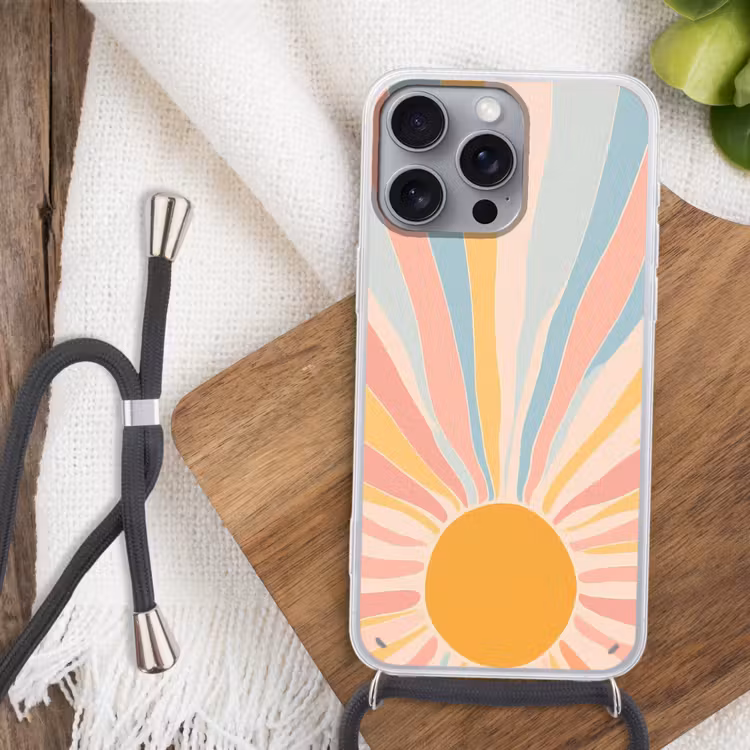 Illustratie - Zon - Pastelkleuren Hoesje iPhone 16 Pro Max met koord klein -sfeer4
