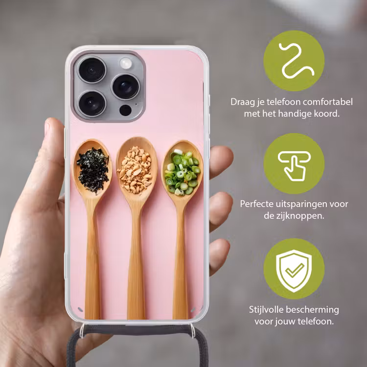 Ingrediënten - Lepels - Hout - Roze Hoesje iPhone 16 Pro Max met koord klein -sfeer2_NL