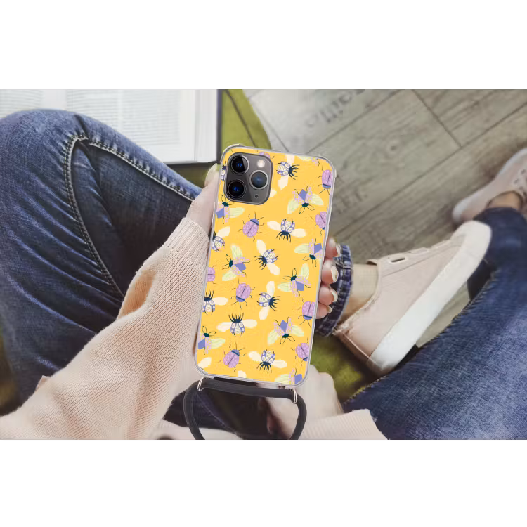 Insecten - Patroon - Geel - Paars - Kleurrijk Hoesje iPhone 12 Pro met koord klein -hand