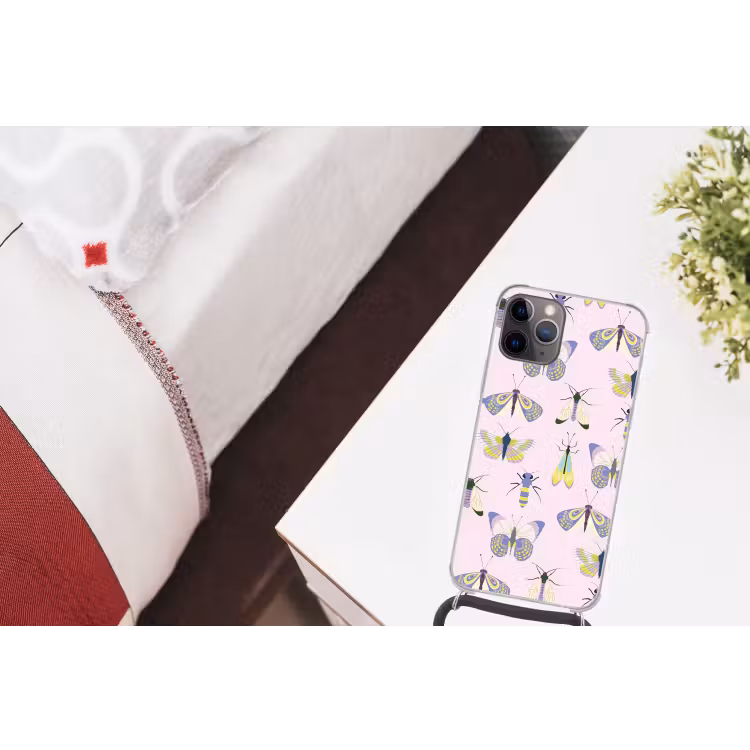 Insecten - Vlinders - Patroon - Roze - Kleurrijk Hoesje iPhone 12 Pro met koord klein -kamer