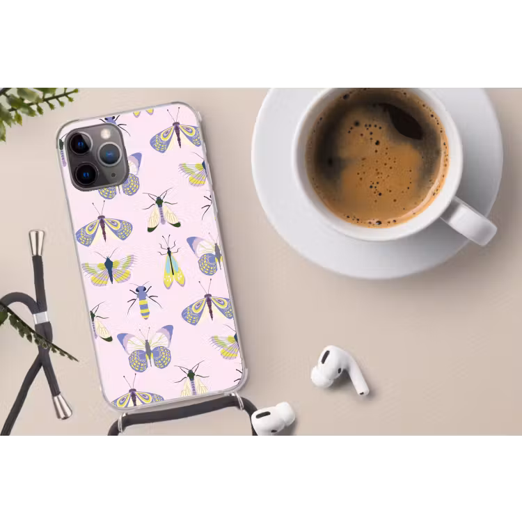 Insecten - Vlinders - Patroon - Roze - Kleurrijk Hoesje iPhone 12 Pro met koord klein -oordop
